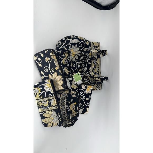 Vera Bradley Yellow Bird 3 Pc Set Tote Wallet Cosmetic Quilted Black - Picture 1 of 8